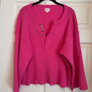 Vici Shawn Ribbed Henley Top - Hot Pink - Medium